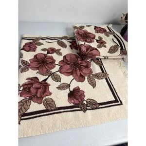 Vtg Bath Towel Set Of 3 Floral Beige Burgundy Purple